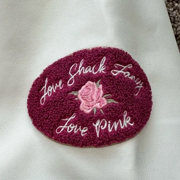 LoveShackFancy Pink and White Varsity Jacket with Embroidered P Patch - Picture 6 of 7